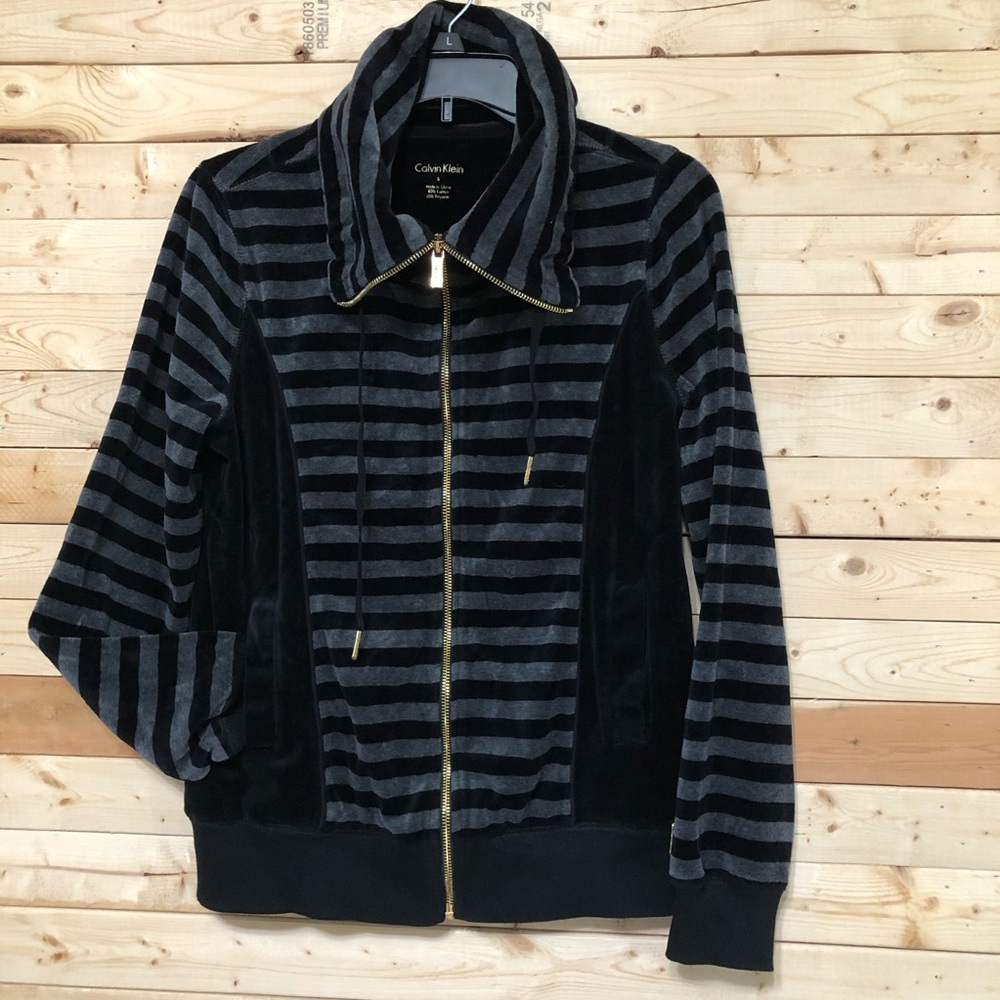 Calvin Klein Women’s black Gary striped Soft Velvet Zipper Closure Jacket size S